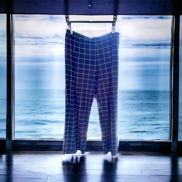 Susan Graver pants, size LP, navy and white windowpane, polyester, has pockets - Picture 1 of 5